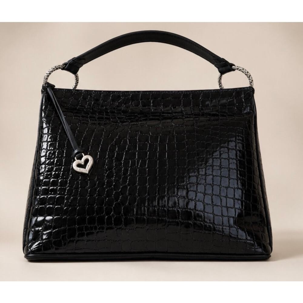 Brighton Cher Black Croc Embossed Patent Leather Shoulder Bag Silver Rings